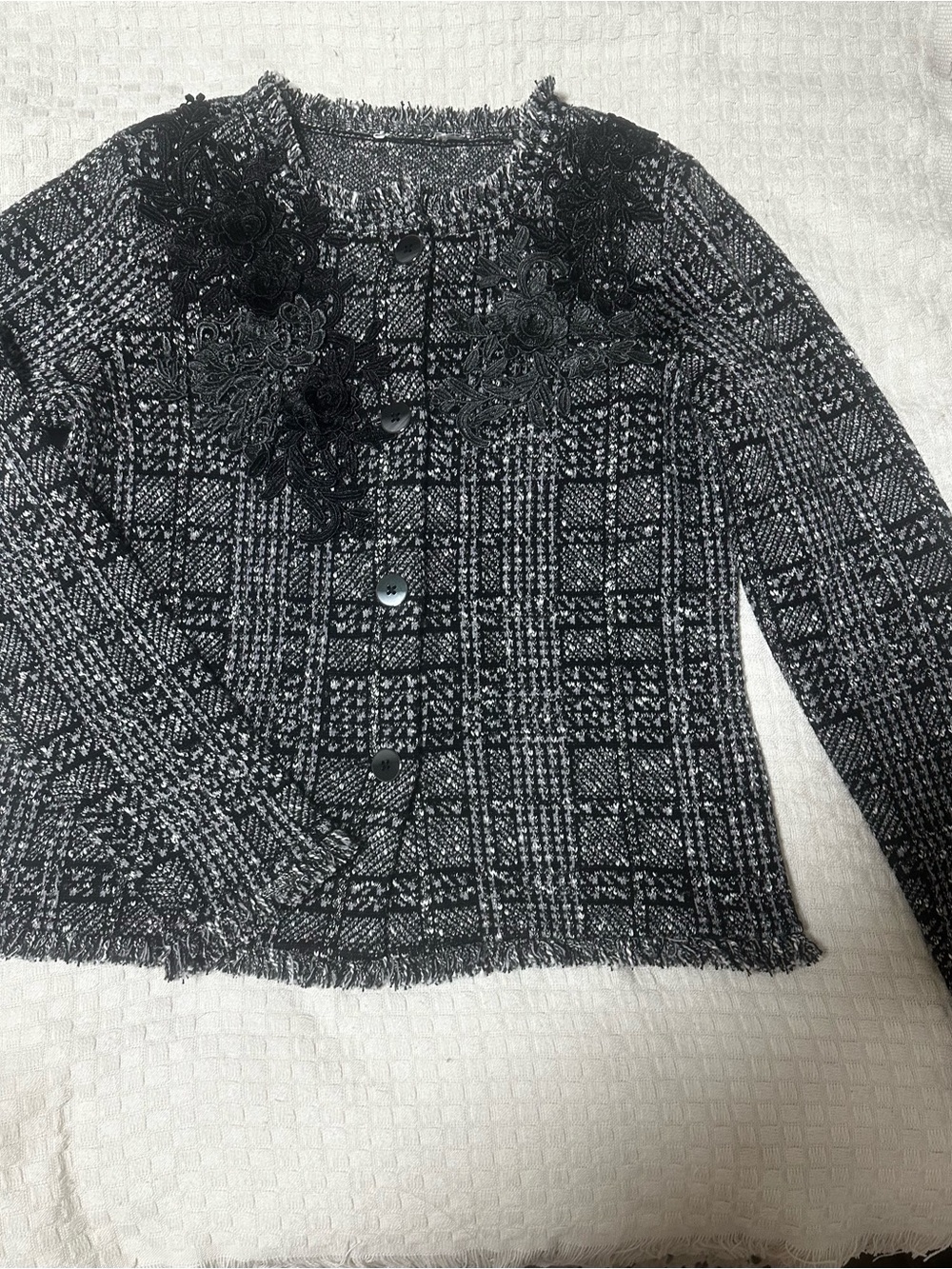 Chico's Black & White Tweed Floral Appliqué Jacket